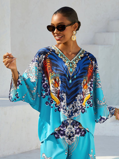 Indigo Tigress Silky Satin  Vacation Batwing Top