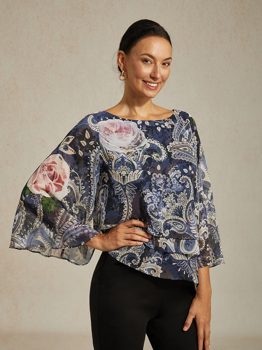 Green Paisley Botanical Print Layered Chiffon Blouse