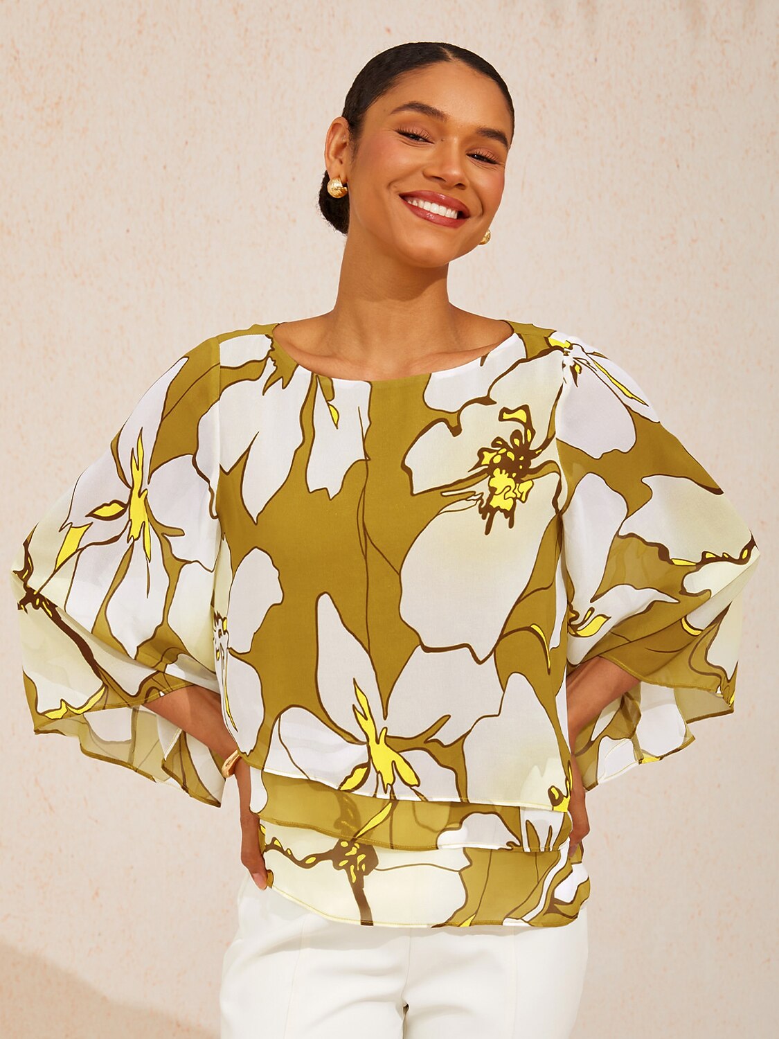 Golden Petal Glow Layered Chiffon Blouse