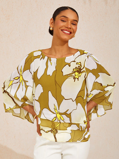 Golden Petal Glow Layered Chiffon Blouse