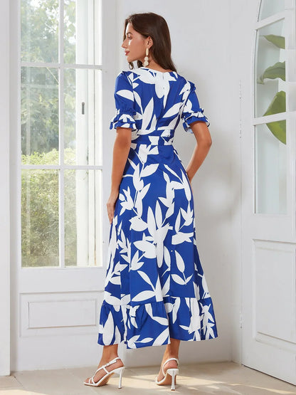 Satin Floral Puff Sleeve Maxi Dress
