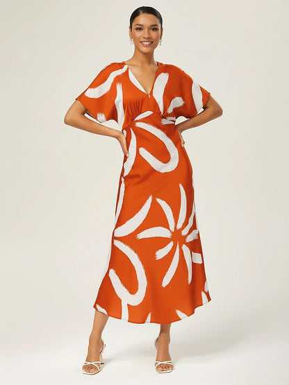 Abstract Floral Print Satin Maxi Dress