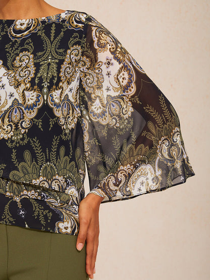 Green Mandala Floral Layered Chiffon Blouse