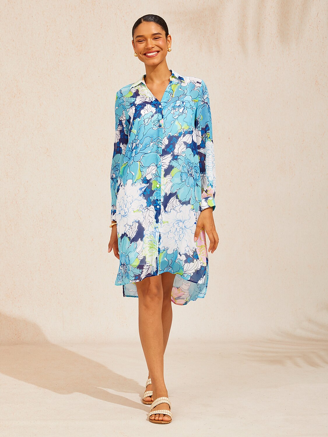 Azure Leaves Chiffon Shirt Dress