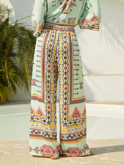 Ethnic Totem Silky Satin Wide-Leg Pants