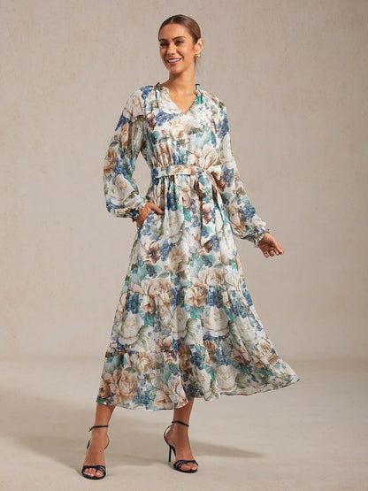 Floral Print Flowy Chiffon Vacation Maxi Dress