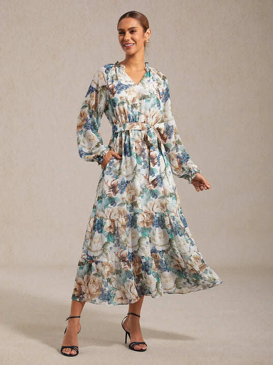 Floral Print Flowy Chiffon Vacation Maxi Dress