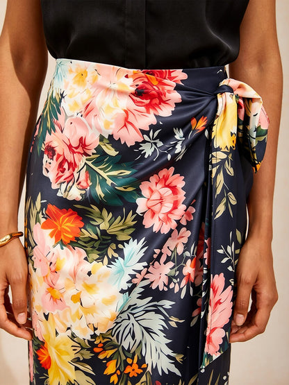 Moonlight Blossom Silky Satin Wrap Skirt