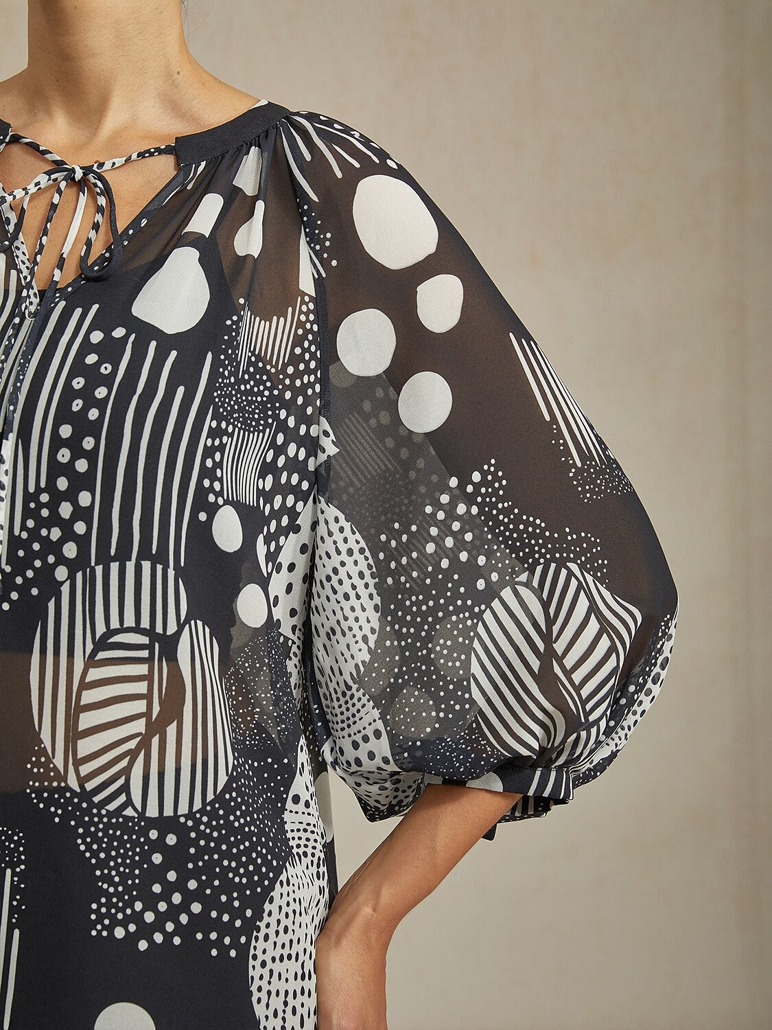 Abstract Print Puff Sleeve V-Neck Chiffon Blouse