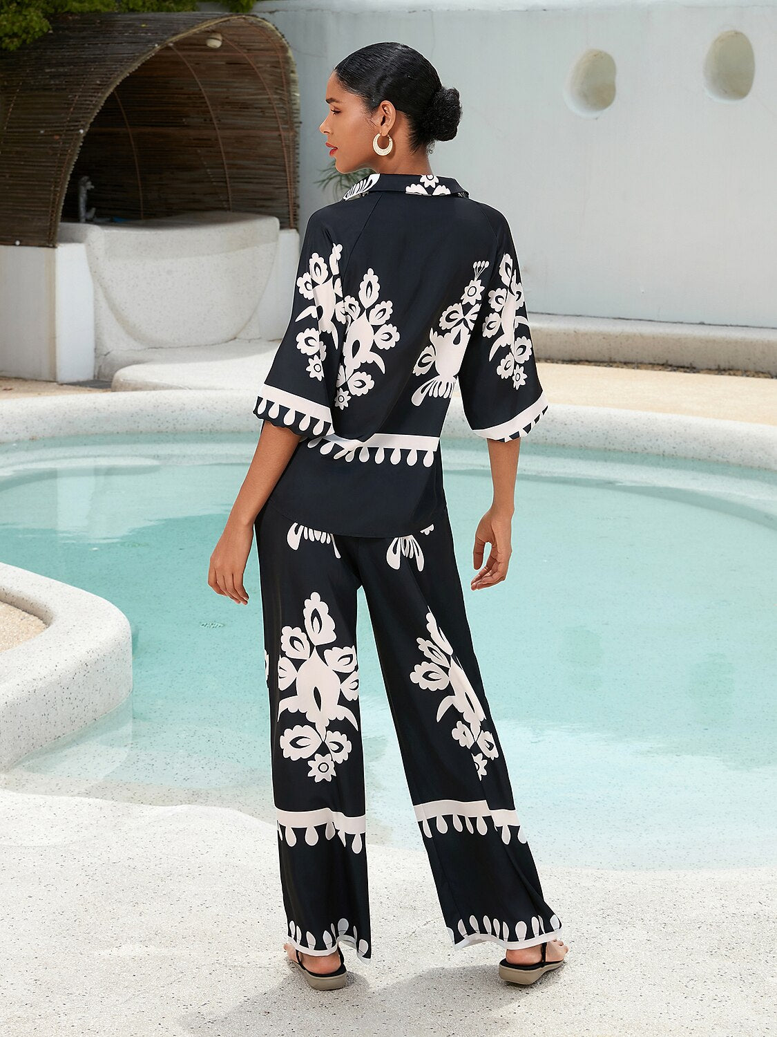 Black Ethnic Print Straight Leg Satin Pants