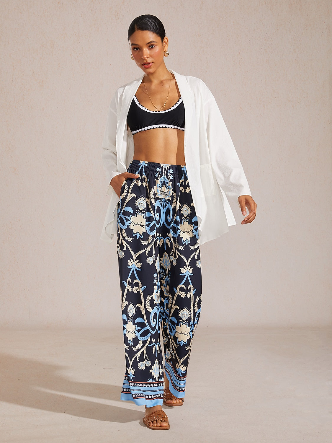 Emerald Rose Garden Silky Satin Straight Pants