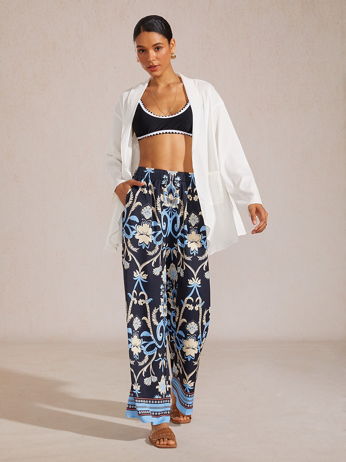 Marble Flora Silky Satin Wide Leg Pants