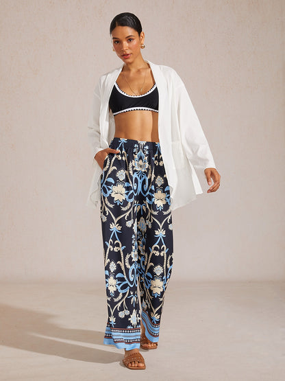 Summer Night Palm Silky Satin Wide Leg Pants