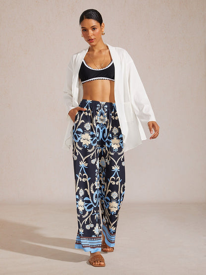 Pastel Floral Garden  Satin Wide Leg Pants