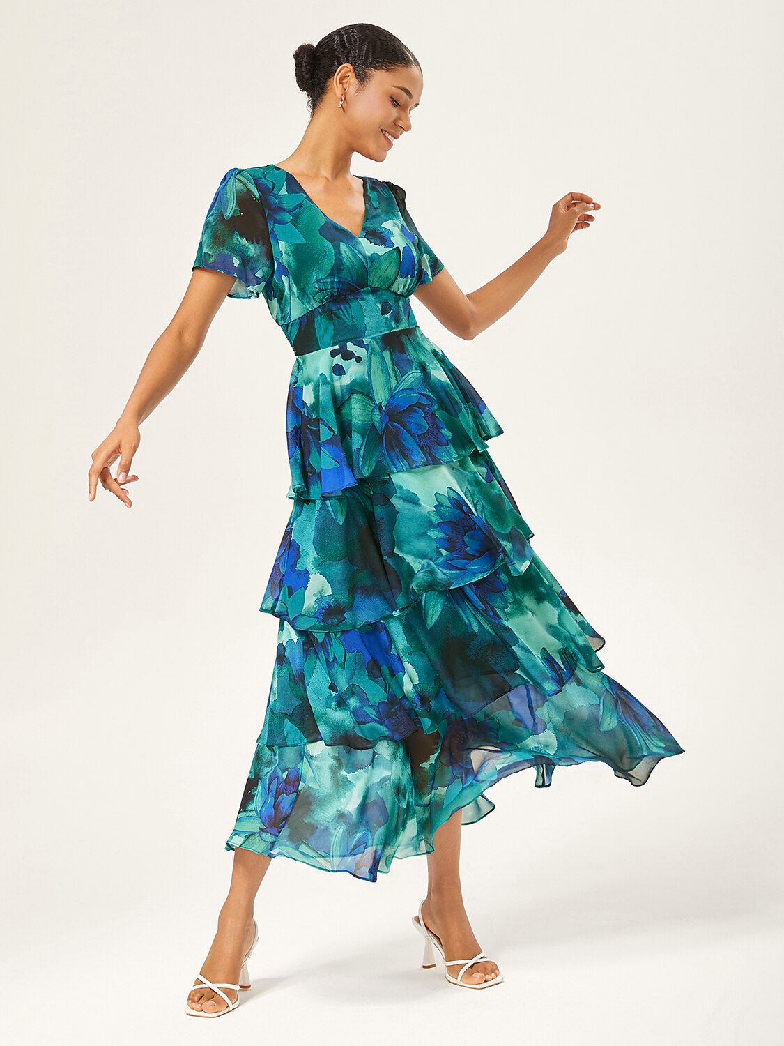 Floral Bloom Flowy Chiffon Tiered Maxi Dress