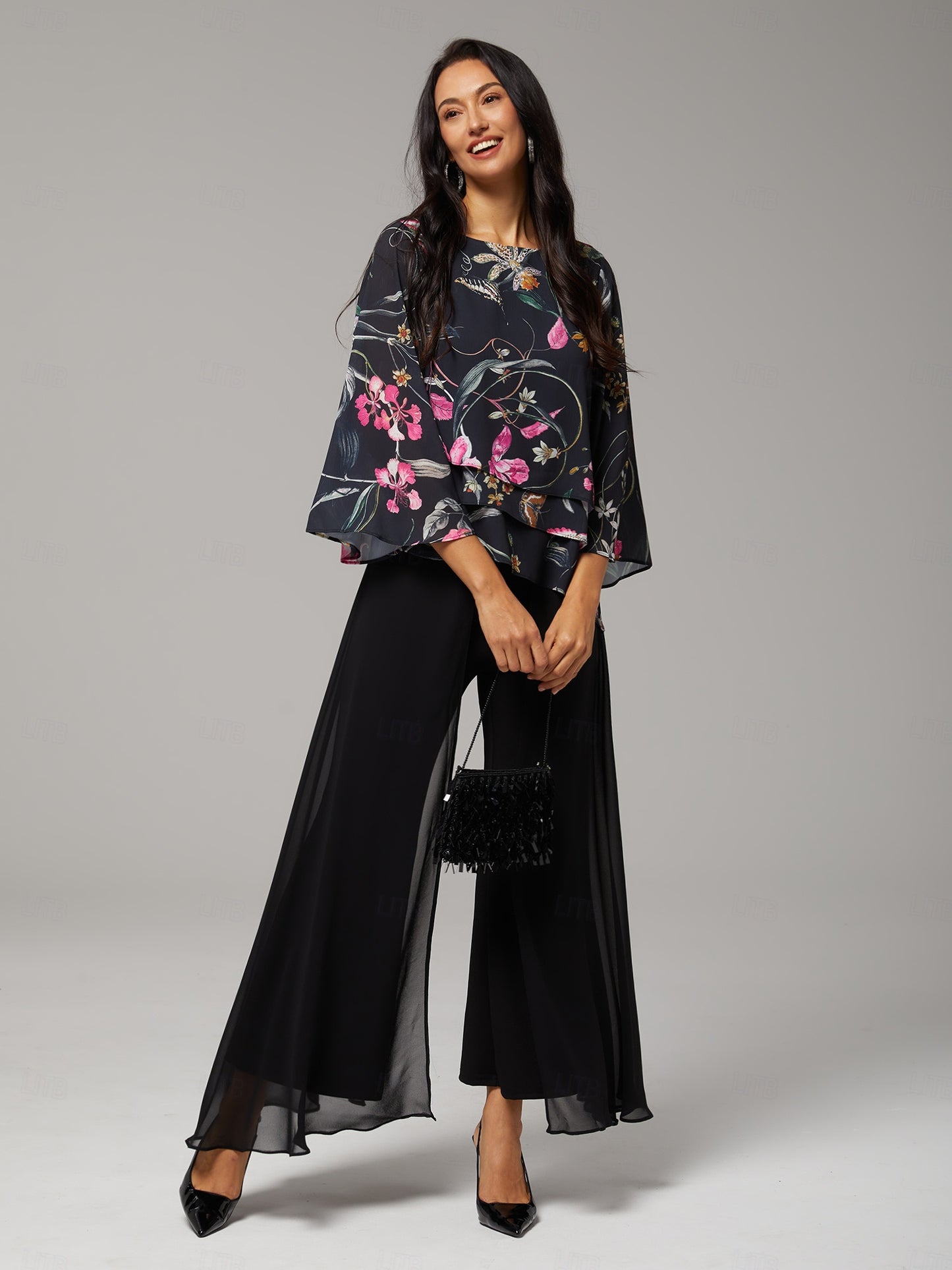 Black Chiffon Floral Print 3/4 Loose Round Blouse