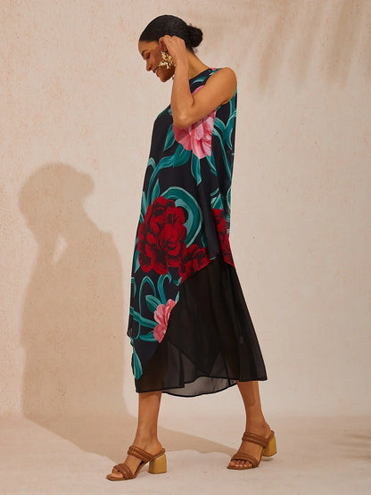 Emerald Rose Garden Flowy Chiffon Maxi Dress