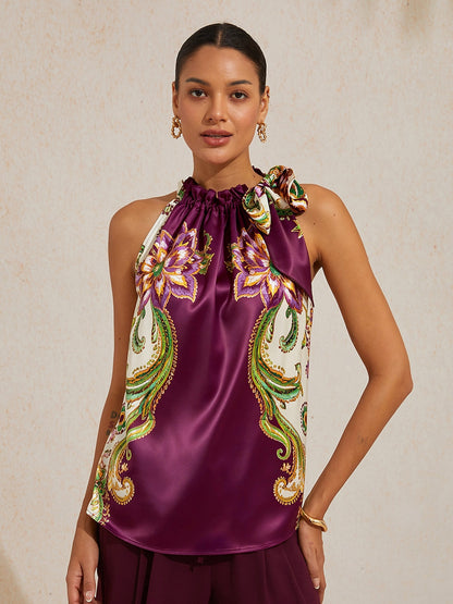 Burgundy Paisley Silky Satin Sleeveless Halter Top