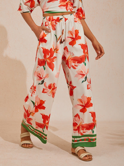 Emerald Rose Garden Silky Satin Straight Pants