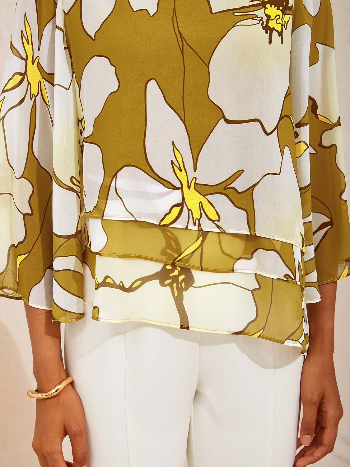 Golden Petal Glow Layered Chiffon Blouse