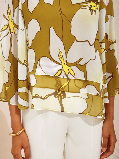 Golden Petal Glow Layered Chiffon Blouse