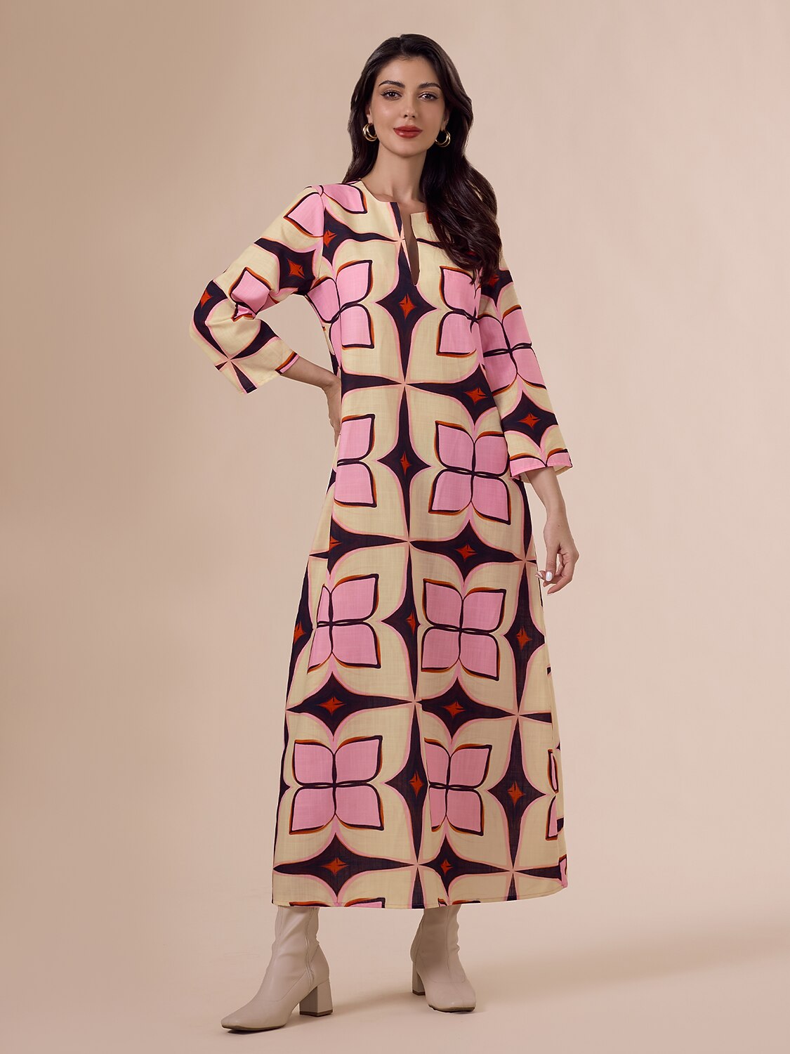 Geometric Print Notched Collar Maxi Dress