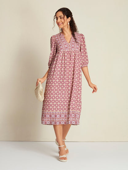 Chiffon Ethnic Floral Print Half Sleeve V-Neck Midi Dress