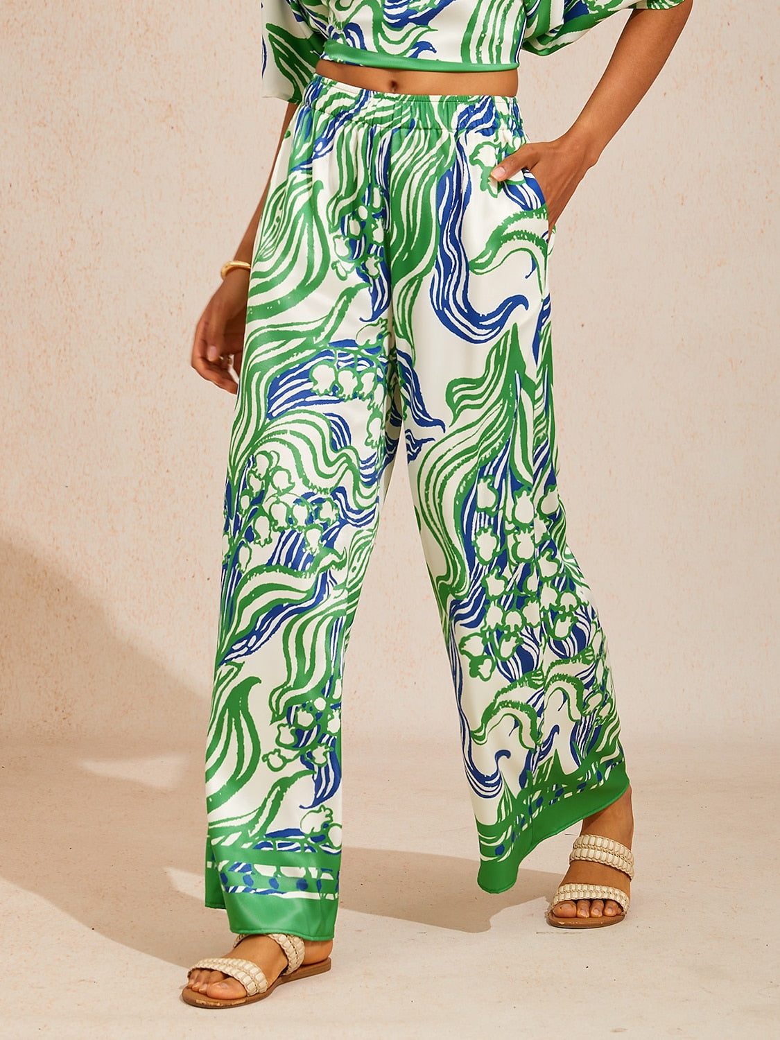 Wild Hibiscus Dream Silky Satin Wide Leg Pants