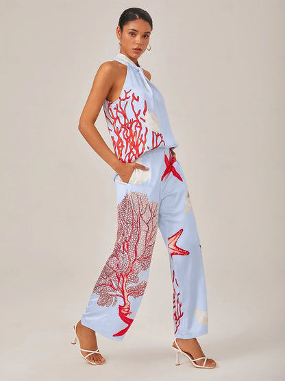 Satin Ocean-Inspired Pattern Print Vacation-Style Set