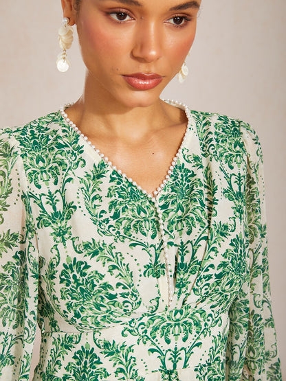 Verdant Baroque Bloom Flowy Chiffon Maxi Dress