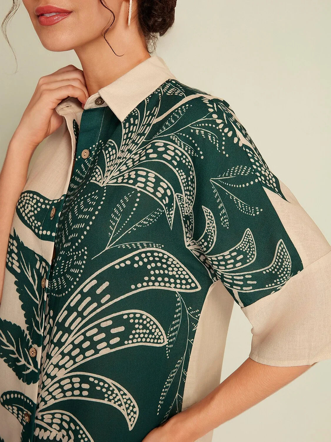 Leaf Print Half Sleeve Midi Shirt Dress