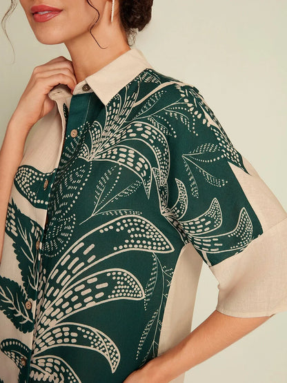 Leaf Print Half Sleeve Midi Shirt Dress