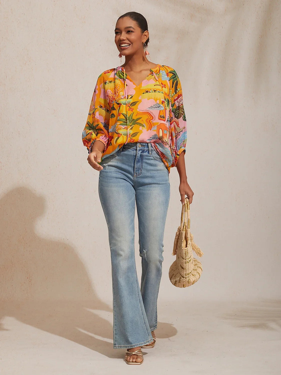 Midnight Blue Baroque Chiffon 3/4 Sleeves Top