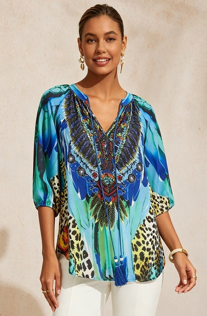 Top in Chiffon Blu Notte Barocco con Maniche a 3/4