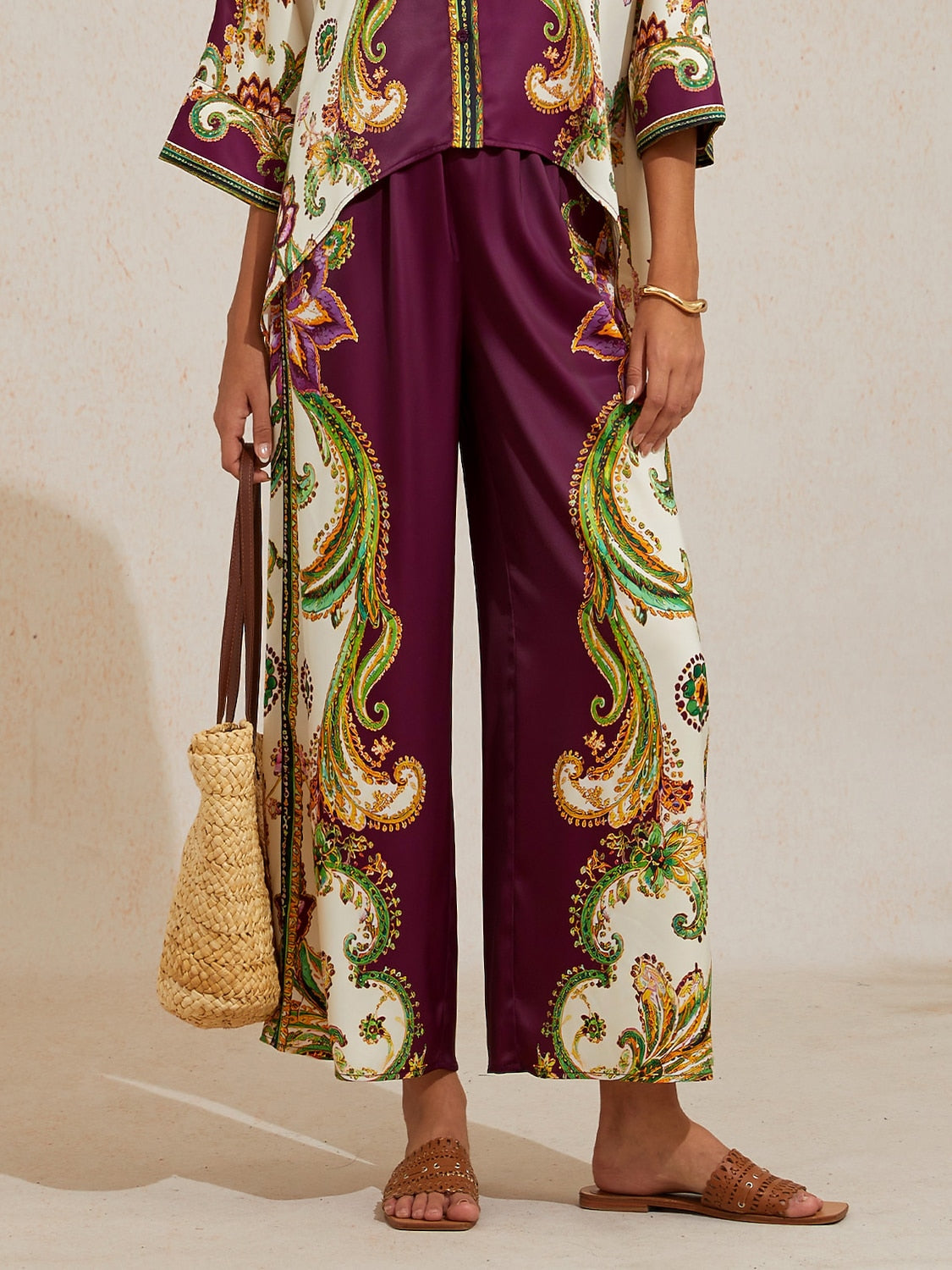 Burgundy Paisley Silky Satin Wide Leg Pants