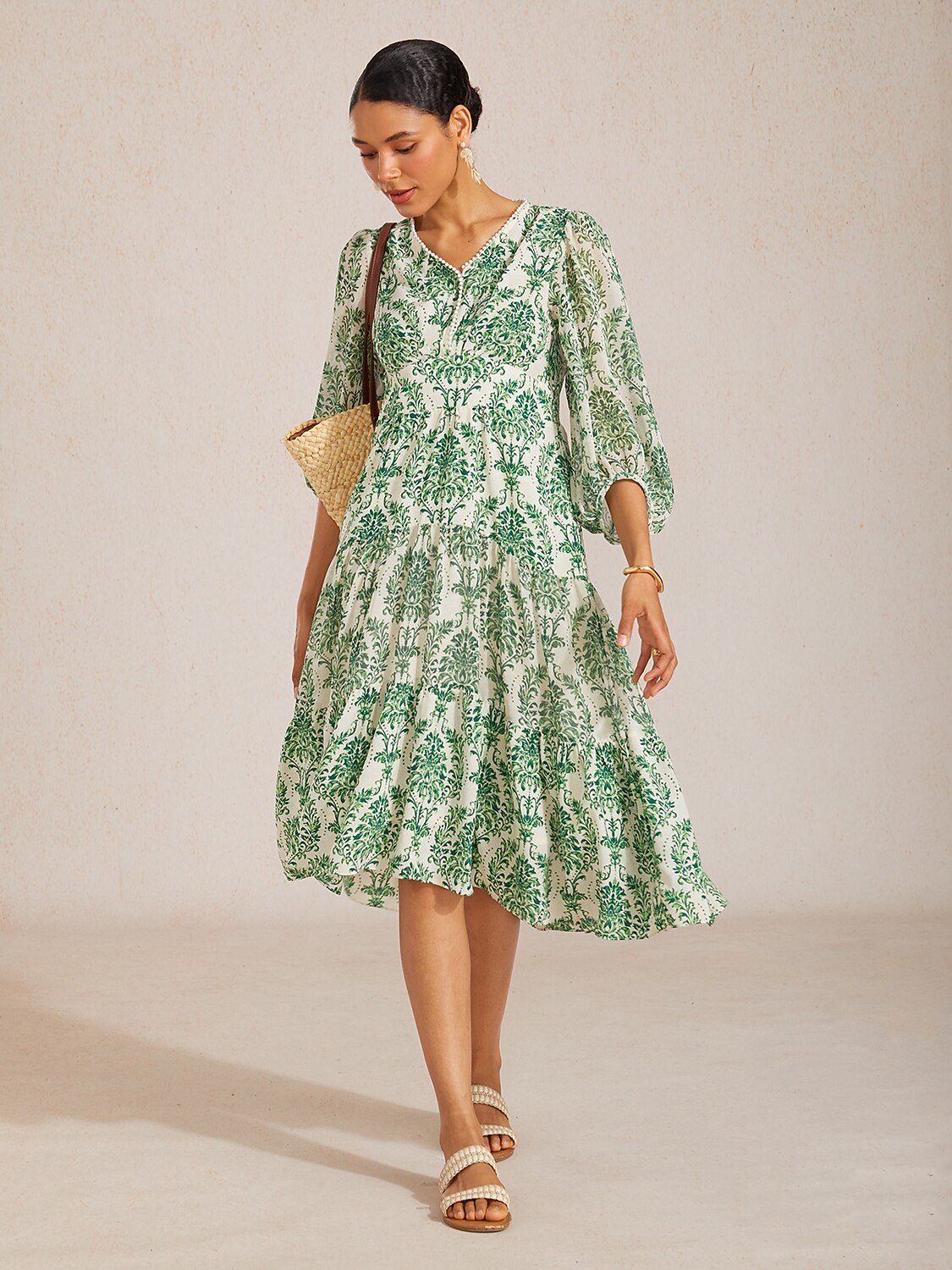 Verdant Baroque Bloom Flowy Chiffon Maxi Dress