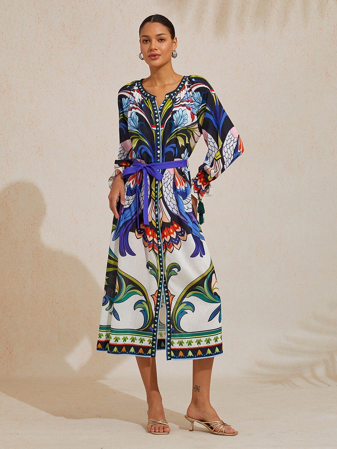 Bird Flower Linen Look Maxi Dress