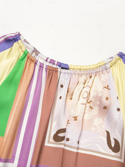 Vestido Maxi Fruncido de Satén con Bloques de Color Geométricos para Vacaciones