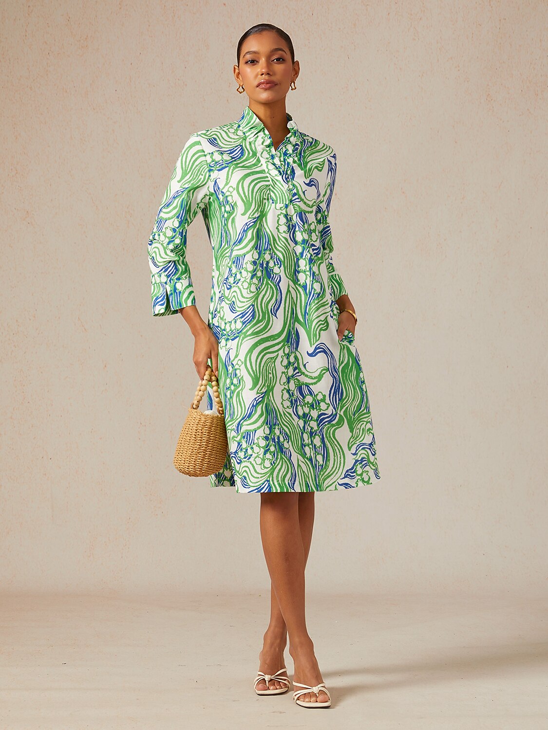 Abstract Bell Flower Linen Look Midi Dress