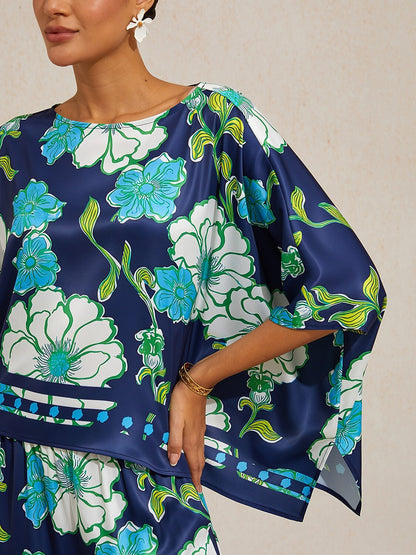 Emerald Tide Bloom Silky Satin Dolman Sleeve Top