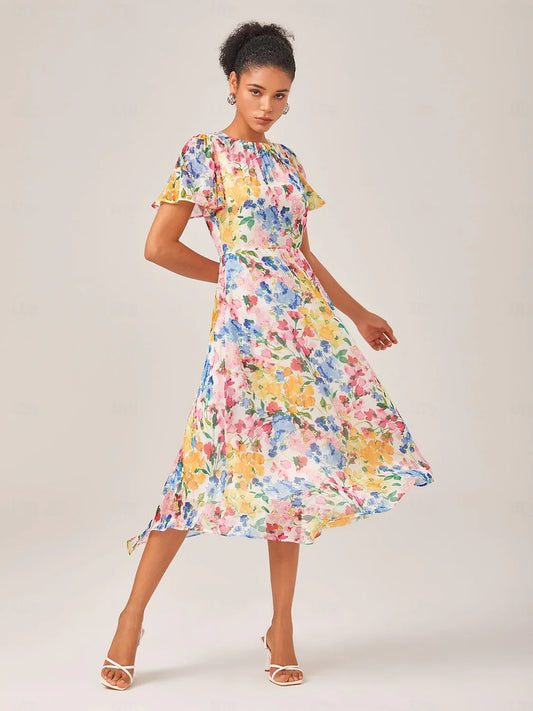 Robe Courte Évasée à Manches Courtes et Imprimé Floral en Mousseline