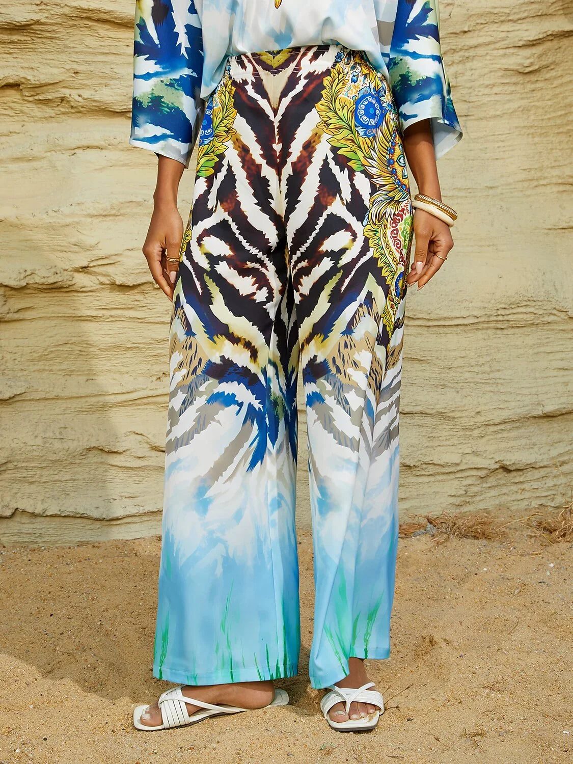 Gradient Tiger Silky Satin Elastic Pants