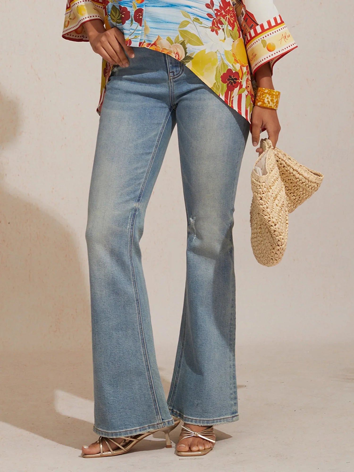 Jean Évasé Coton Stretch Taille Haute Denim Effiloché