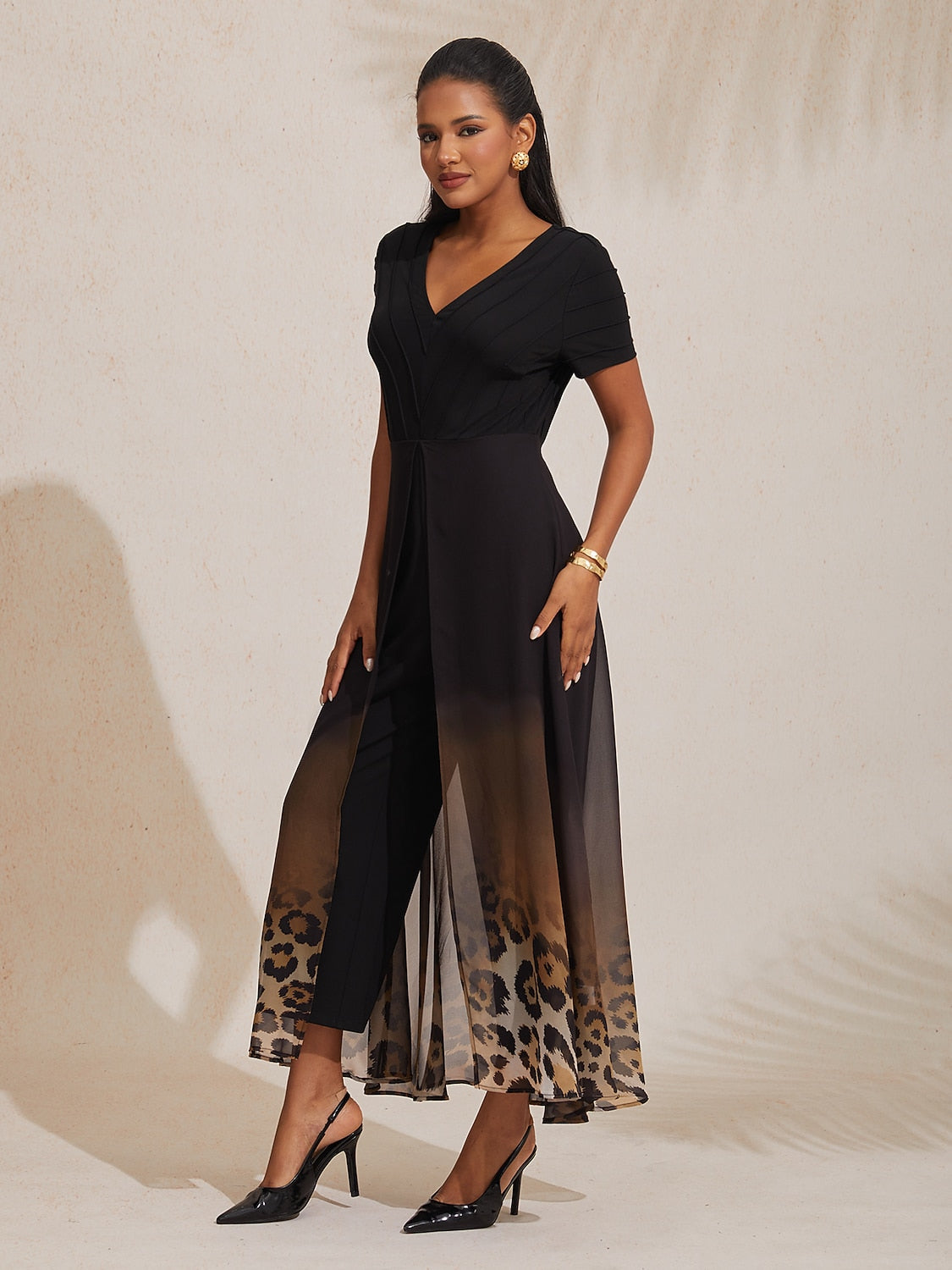 Chiffon Knit Gradient Leopard Print Flowing Elegant Jumpsuit