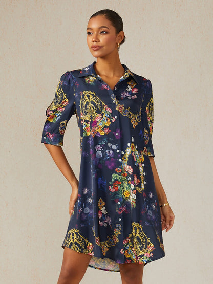 Midnight Jewel Bloom Silky Satin Shirt Dress