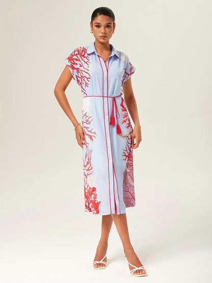Loose Color-Block Coral Print Shirt Maxi Dress