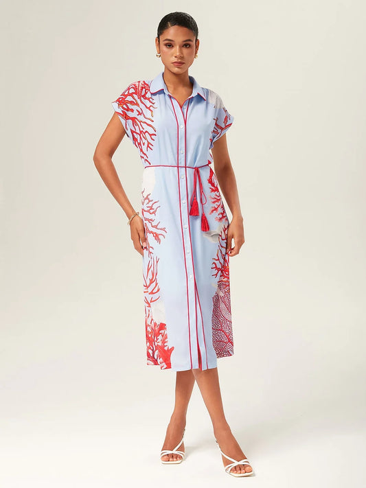 Loose Color-Block Coral Print Shirt Maxi Dress