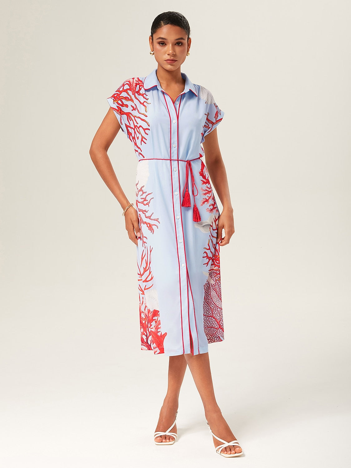 Coral Effortless Cotton-Style Shirt Dress