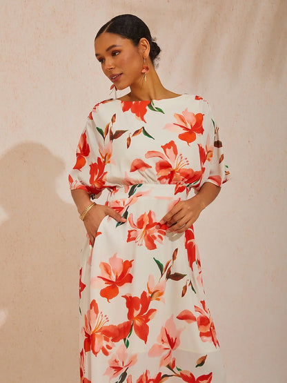 Spring Blooms Flowy Chiffon Waist-cinching Maxi Dress