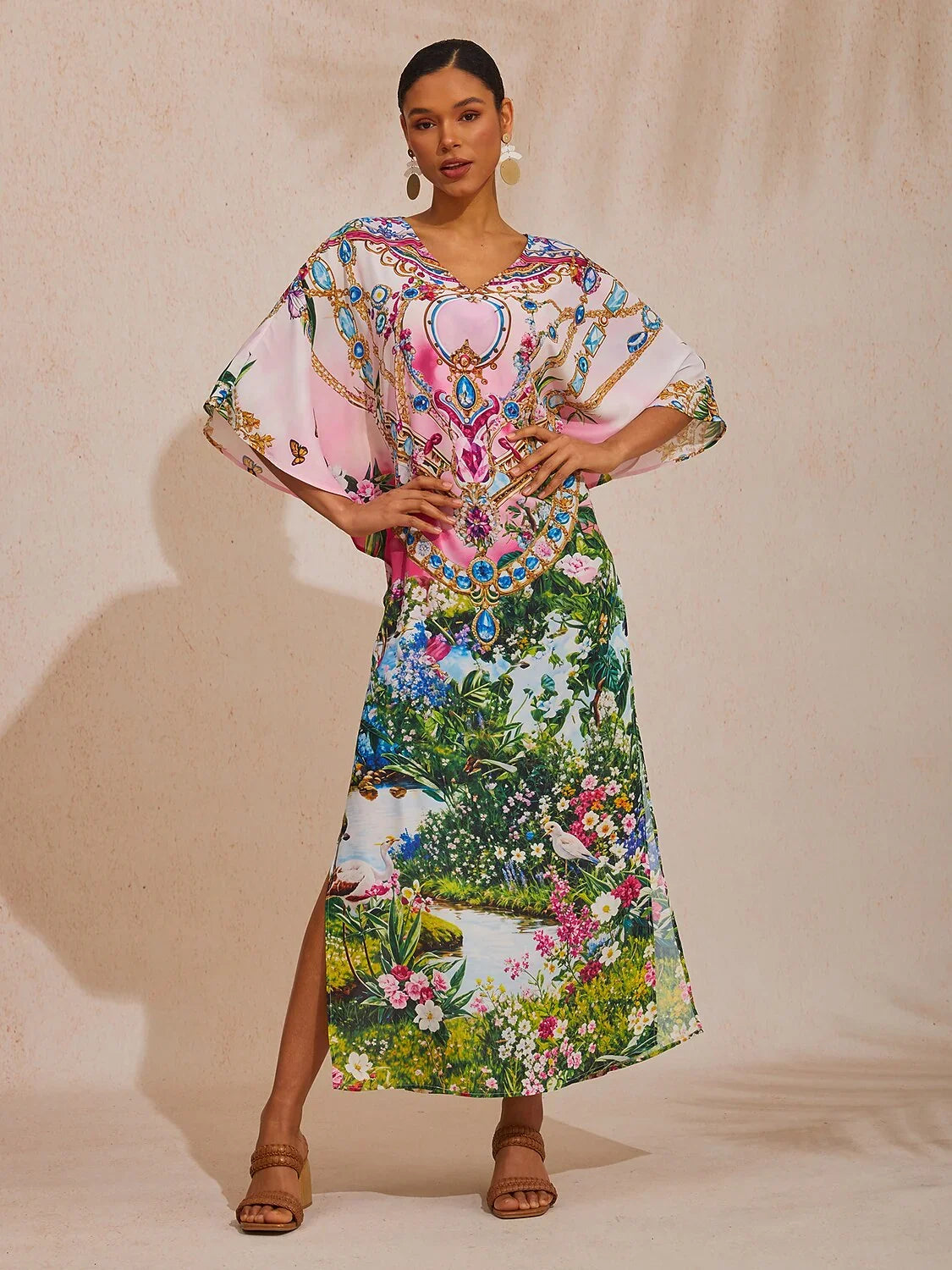 Pink Jungle Party Flowy Chiffon Diamond Maxi Dress